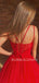 V neck Red Tulle Spaghetti Straps A-Line Long Evening Prom Dresses, MR7345