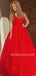 V neck Red Tulle Spaghetti Straps A-Line Long Evening Prom Dresses, MR7345