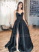 Black Satin V Neck Backless A-Line Side Slit Long Evening Prom Dresses, Cheap Custom prom dresses, MR7352