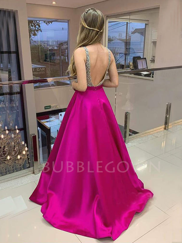 Fuchsia Satin Beaded A-Line Long Evening Prom Dresses, Cheap Custom Backless Prom Dresses, MR7353