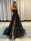 See Throuth Black Tulle A-Line Side slit Long Evening Prom Dresses, Cheap Custom Prom Dresses, MR7361