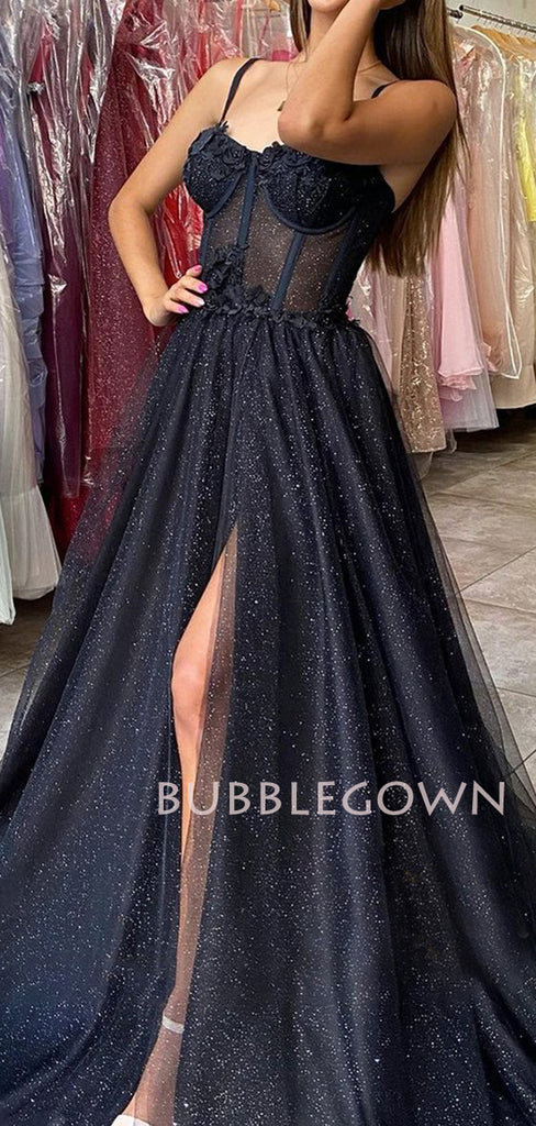 See Throuth Black Tulle A-Line Side slit Long Evening Prom Dresses, Cheap Custom Prom Dresses, MR7361