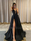 Black Chiffon Deep V Neck Side Slit Cheap Long Evening Prom Dresses, MR7363