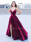 Burgundy Satin Deep V Neck Backless A-line Long Evening Prom Dresses, Cheap Custom prom dresses, MR7369