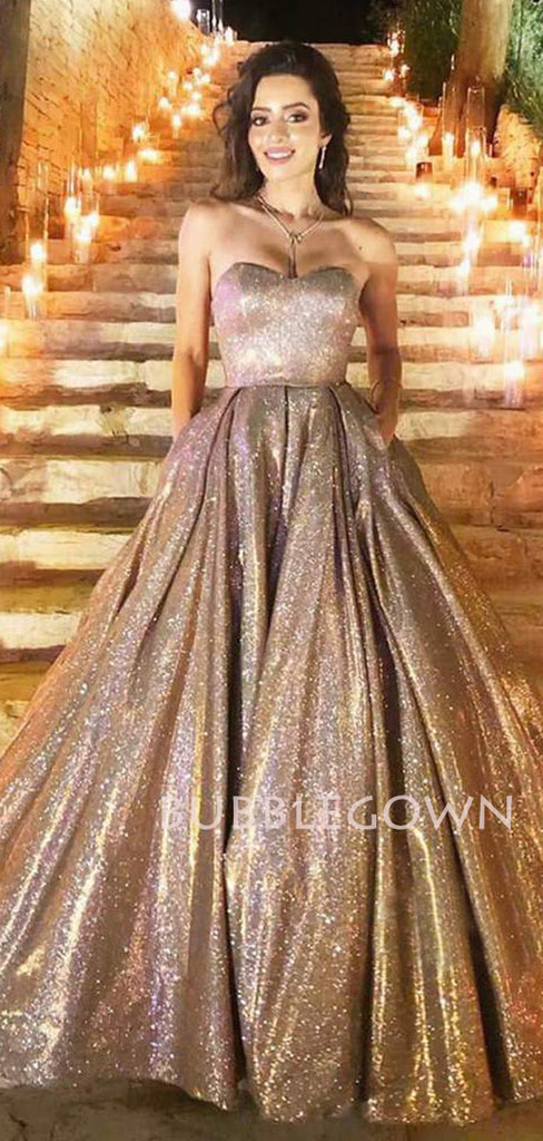 Golden Sparkle A-Line Backless Long Evening Prom Dresses, Cheap Custom Prom Dress, MR7373