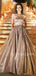 Golden Sparkle A-Line Backless Long Evening Prom Dresses, Cheap Custom Prom Dress, MR7373