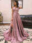 Dust Purple Satin V Neck Spaghetti Straps Side Slit Long Evening Prom Dresses, Cheap Custom prom dresses, MR7375