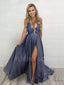 Dusty Blue V Neck A-Line Side Slit Long Evening Prom Dresses, Cheap Custom Prom Dress, MR7377