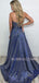 Dusty Blue V Neck A-Line Side Slit Long Evening Prom Dresses, Cheap Custom Prom Dress, MR7377