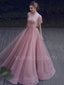 Dusty Pink Tulle Beaded A-Line Long Evening Prom Dresses, MR7381