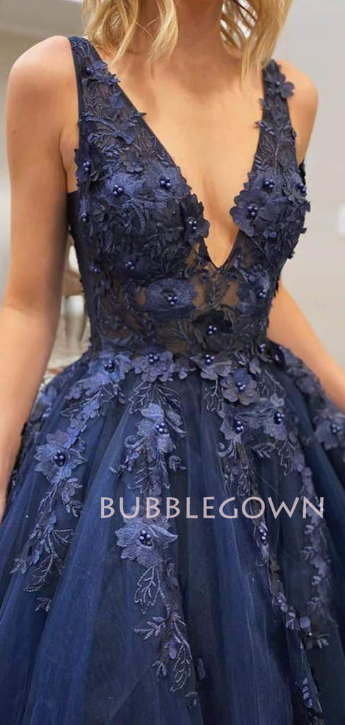 See Throuth V Neck Navy Blue Lace A-line Long Evening Prom Dresses, Cheap Custom V Neck Prom Dress, MR7386