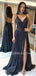 Black V Neck A-Line Sparkle Backless Backless Long Evening Prom Dresses, Cheap Custom Prom Dress, MR7388