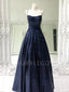 Navy Blue Sequin A-Line Spaghetti Straps Backless Long Evening Prom Dresses, Cheap Custom Prom Dresses, MR7392