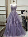 A-line Dusty Purple Tulle Appliques Long Evening Prom Dresses, Cheap Custom V Neck Prom Dress, MR7403