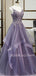 A-line Dusty Purple Tulle Appliques Long Evening Prom Dresses, Cheap Custom V Neck Prom Dress, MR7403