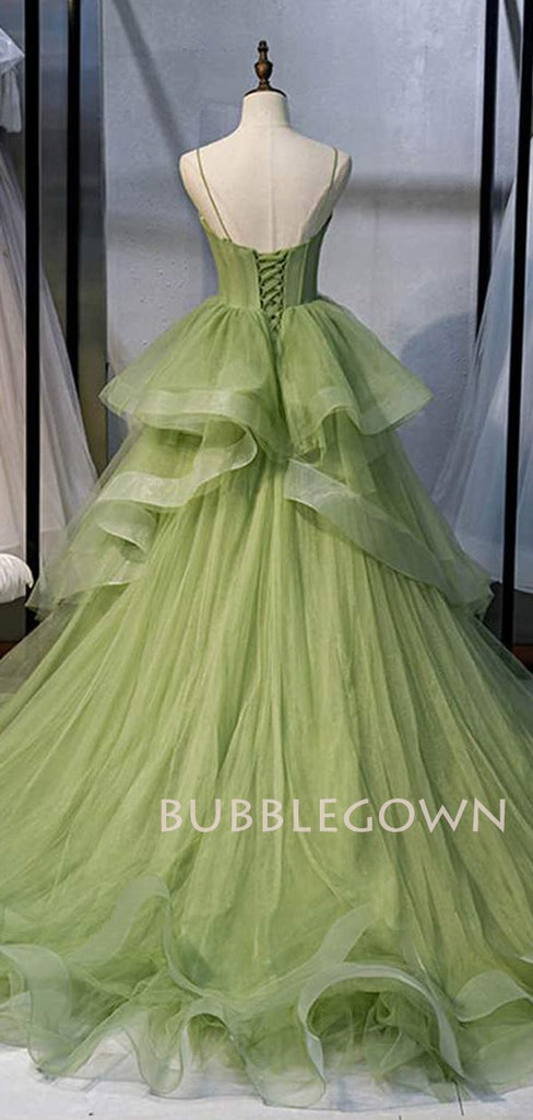 Ball Gown Spaghetti Straps Green Tulle Long Evening Prom Dresses, Cheap Custom Prom Dresses, MR7404