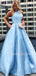 A-line Round Neckline Blue Satin Pearls Long Backless Evening Prom Dresses With Pockets, Cheap Custom prom dresses, MR7410