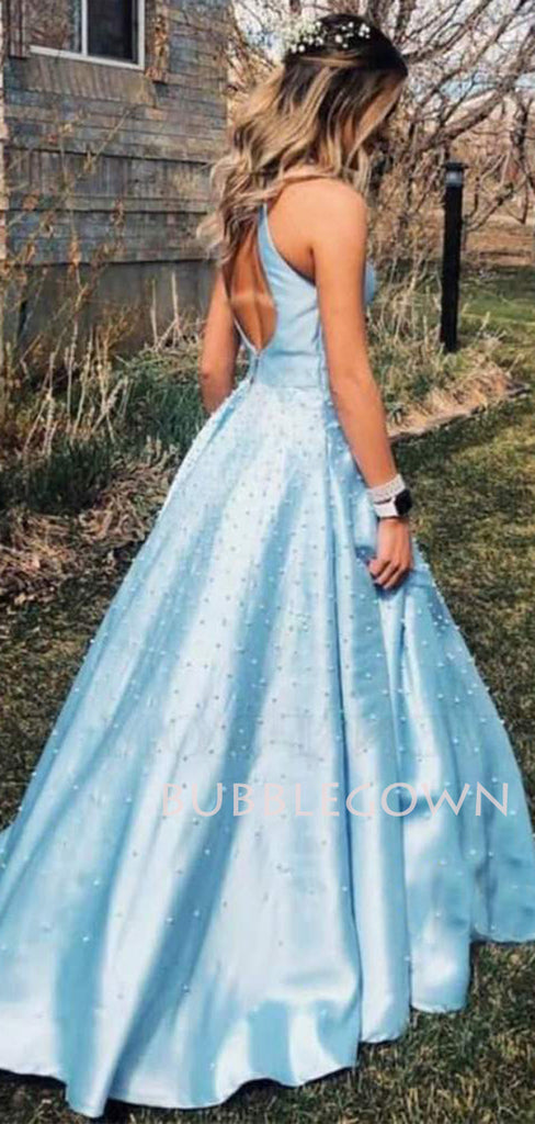 A-line Round Neckline Blue Satin Pearls Long Backless Evening Prom Dresses With Pockets, Cheap Custom prom dresses, MR7410