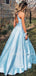 A-line Round Neckline Blue Satin Pearls Long Backless Evening Prom Dresses With Pockets, Cheap Custom prom dresses, MR7410