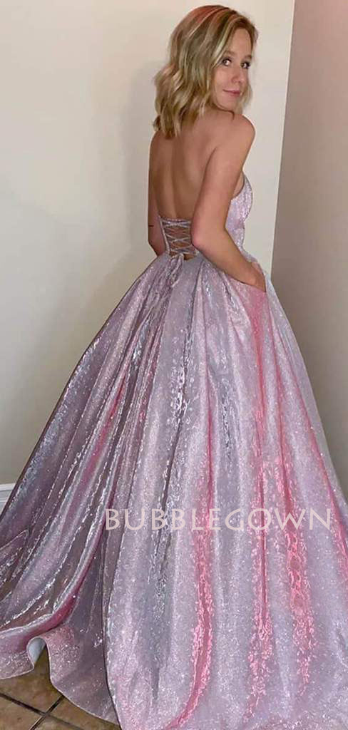 Sparkly A-Line Backless Long Evening Prom Dresses, Cheap Custom Prom Dress, MR7413