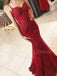 Burgundy Tulle Appliques Spaghetti Straps V Neck Mermaid Lace Long Evening Prom Dresses, Cheap Custom Prom Dresses, MR7420