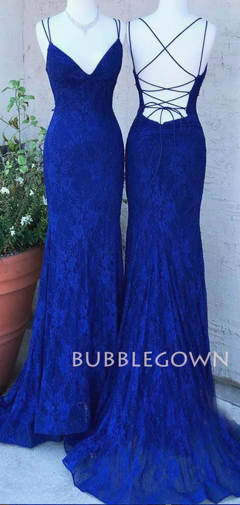 Copy of Dark Blue Lace Spaghetti Straps V Neck Mermaid Long Evening Prom Dresses, Cheap Custom Prom Dresses, MR7427