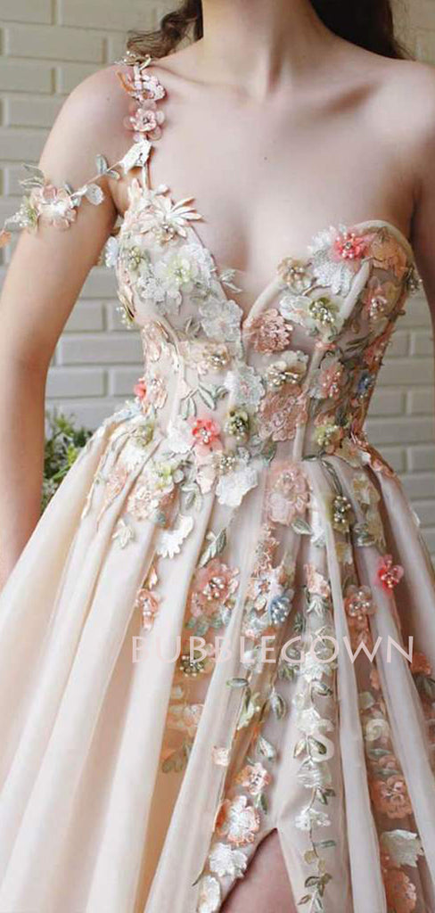 One Shoulder V Neck Champagne Tulle Appliques A-line Long Evening Prom Dresses, Cheap Custom V Neck Prom Dress, MR7430