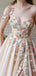 One Shoulder V Neck Champagne Tulle Appliques A-line Long Evening Prom Dresses, Cheap Custom V Neck Prom Dress, MR7430