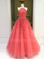 A-line Halter Watermelon Red Tulle Appliques Lace Long Evening Prom Dresses, Cheap Custom Prom Dress, MR7431