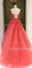 A-line Halter Watermelon Red Tulle Appliques Lace Long Evening Prom Dresses, Cheap Custom Prom Dress, MR7431