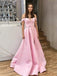 A-line Pink Satin Off Shoulder Side Slit Long Evening Prom Dresses, Cheap Custom prom dresses, MR7434