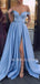 A-line Pink Satin Off Shoulder Side Slit Long Evening Prom Dresses, Cheap Custom prom dresses, MR7434