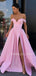 A-line Pink Satin Off Shoulder Side Slit Long Evening Prom Dresses, Cheap Custom prom dresses, MR7434