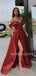 Orange Satin Off Shoulder Side Slit Long A-line Evening Prom Dresses, Cheap Custom prom dresses, MR7435