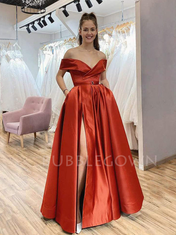 Orange Satin Off Shoulder Side Slit Long A-line Evening Prom Dresses, Cheap Custom prom dresses, MR7435