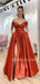 Orange Satin Off Shoulder Side Slit Long A-line Evening Prom Dresses, Cheap Custom prom dresses, MR7435