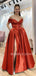 Orange Satin Off Shoulder Side Slit Long A-line Evening Prom Dresses, Cheap Custom prom dresses, MR7435