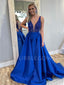 See Throuth V Neck Blue Satin A-line Long V Back Evening Prom Dresses, Cheap Custom Backless Prom Dresses, MR7437