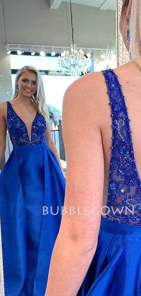 See Throuth V Neck Blue Satin A-line Long V Back Evening Prom Dresses, Cheap Custom Backless Prom Dresses, MR7437