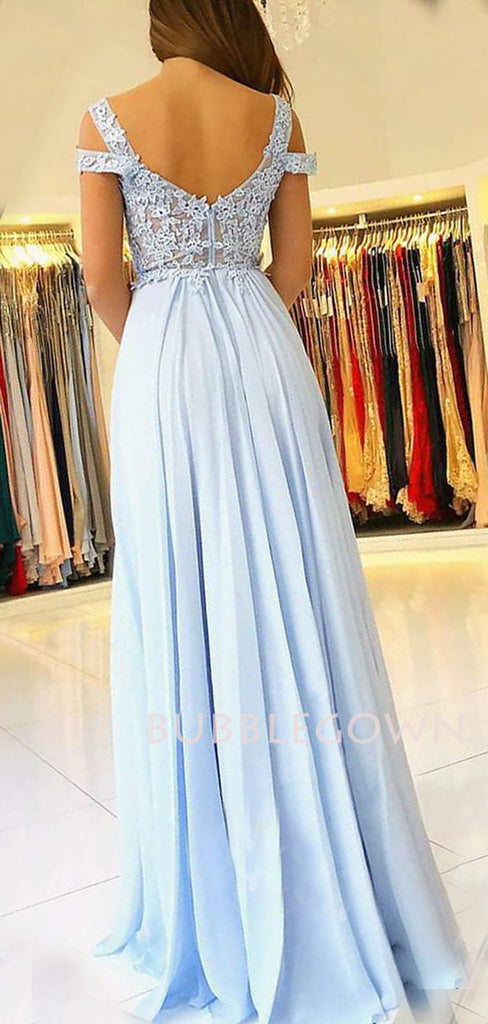 Off Shoulder Chiffon Beaded Appliques Long Evening Prom Dresses, Cheap Custom Prom Dresses, MR7439