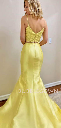 Two Pieces Yellow Satin Beaded Mermaid Long Evening Prom Dresses, Cheap Custom Prom Dress, MR7442