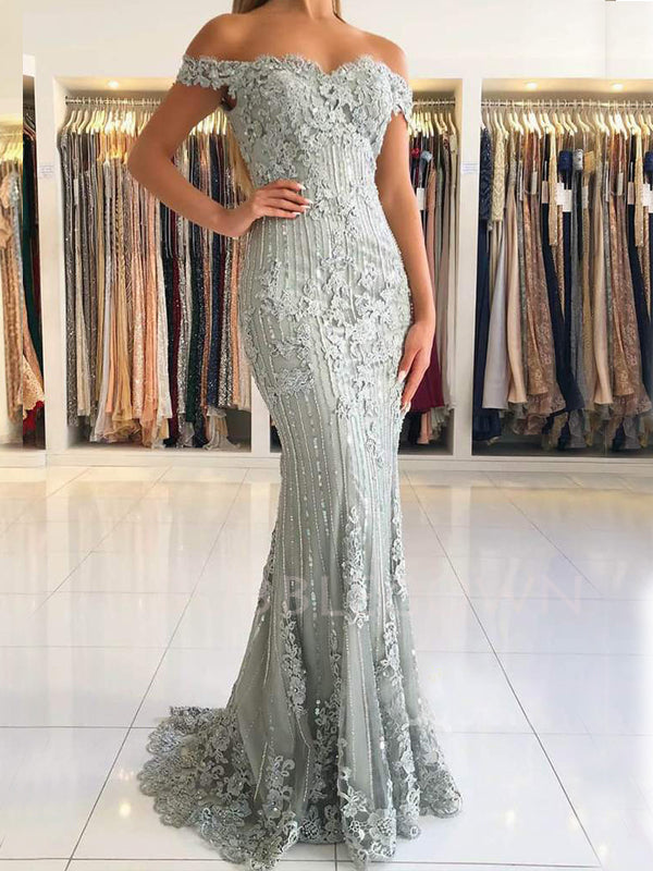 Off Shoulder Grey Lace Mermaid Beaded Long Evening Prom Dresses, MR7445