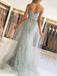 Off Shoulder Grey Lace Mermaid Beaded Long Evening Prom Dresses, MR7445