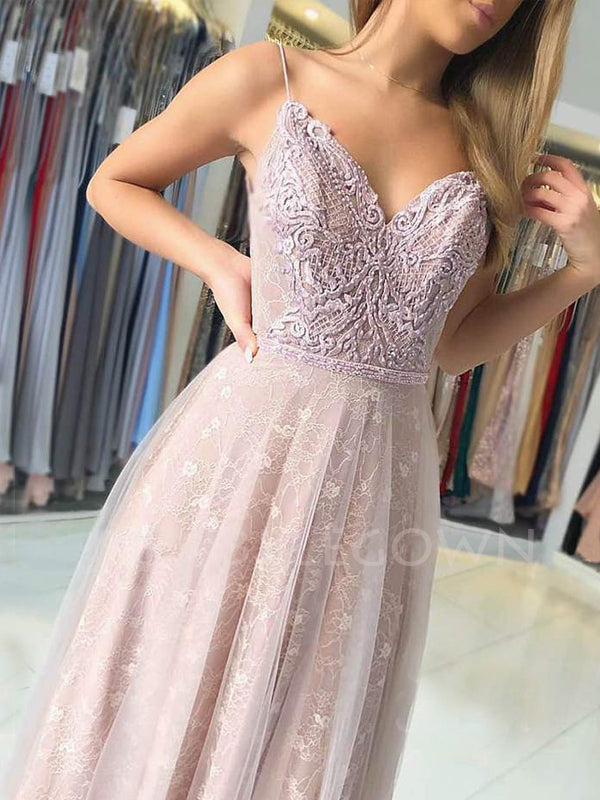 A-line Spaghetti Straps Appliques Lace Long Evening Prom Dresses, Cheap Custom Prom Dresses, MR7447