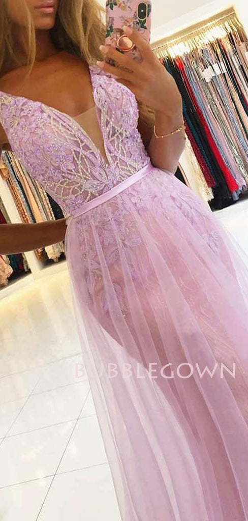 See Throuth Deep V Neck Appliques Beades Lace Long Evening Prom Dresses, Cheap Custom Prom Dresses, MR7449