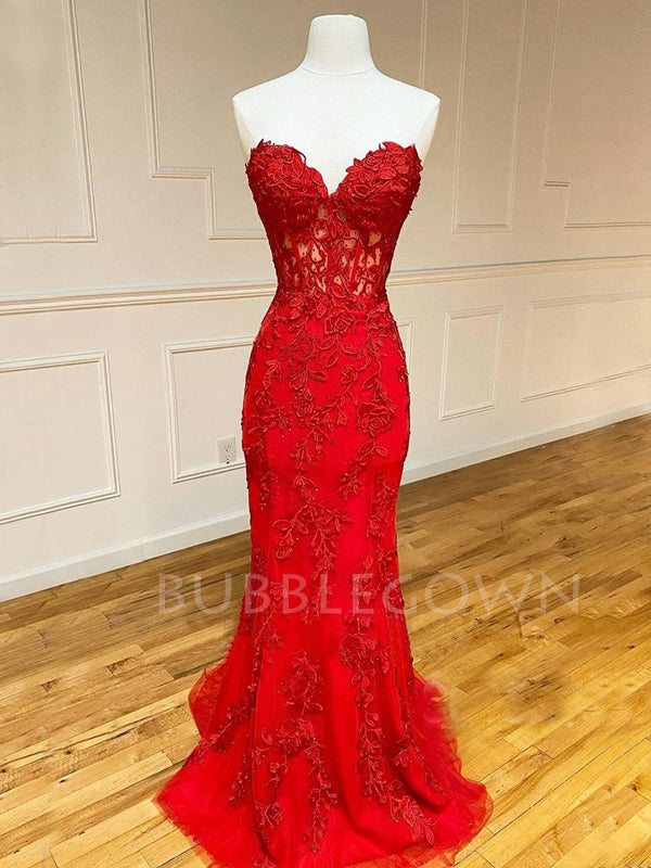 See Throuth Red Appliques Mermaid Lace Long Strapless Evening Prom Dresses, MR7451