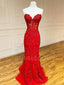 See Throuth Red Appliques Mermaid Lace Long Strapless Evening Prom Dresses, MR7451