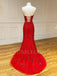 See Throuth Red Appliques Mermaid Lace Long Strapless Evening Prom Dresses, MR7451