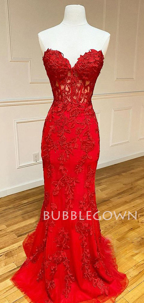 See Throuth Red Appliques Mermaid Lace Long Strapless Evening Prom Dresses, MR7451