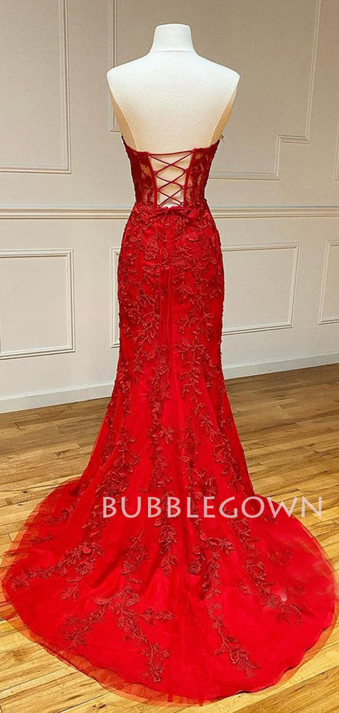 See Throuth Red Appliques Mermaid Lace Long Strapless Evening Prom Dresses, MR7451